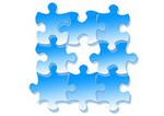 Zeichnung von zusammengesetzten, blauen Puzzleteilen mit fehlendem Mittelstück.